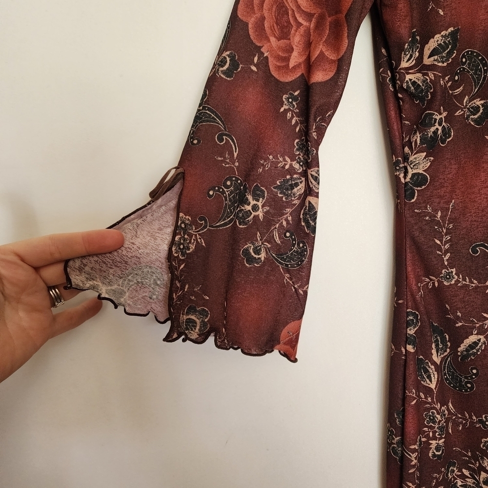 90s Expressions Burgundy Floral Lace-Up Asymmetrical Dress S - Picture 7 of 10